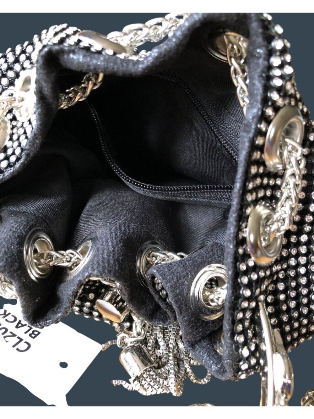 Black Rhinestone Bucket Bag Chain Handle Crossbody Strap Evening Formal Purse - Picture 10 of 11